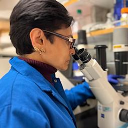 Meenakshi Upreti using a microscope