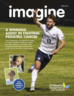 CHLA Imagine Magazine Spring 2021 Cover image showing collegiate soccer player and former CHLA patient, Chris Hegardt 