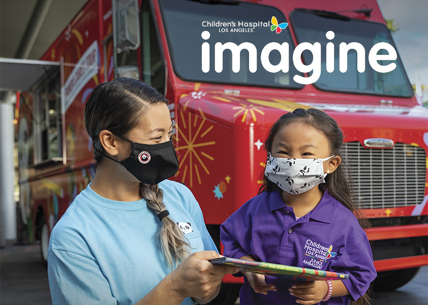 Cover image of Imagine Winter 2021 showing female Panda Express employee with young female patient