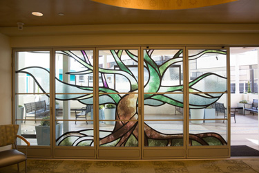 Stained glass wall with tree design